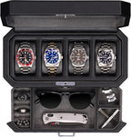 ROTHWELL 4 Slot Leather Watch Box with Valet Drawer - Luxury Case Display Jewelry Organizer, Locking Display Case Holder with Real Glass Top - Watch Box Organizer for Men & Women (Grey)