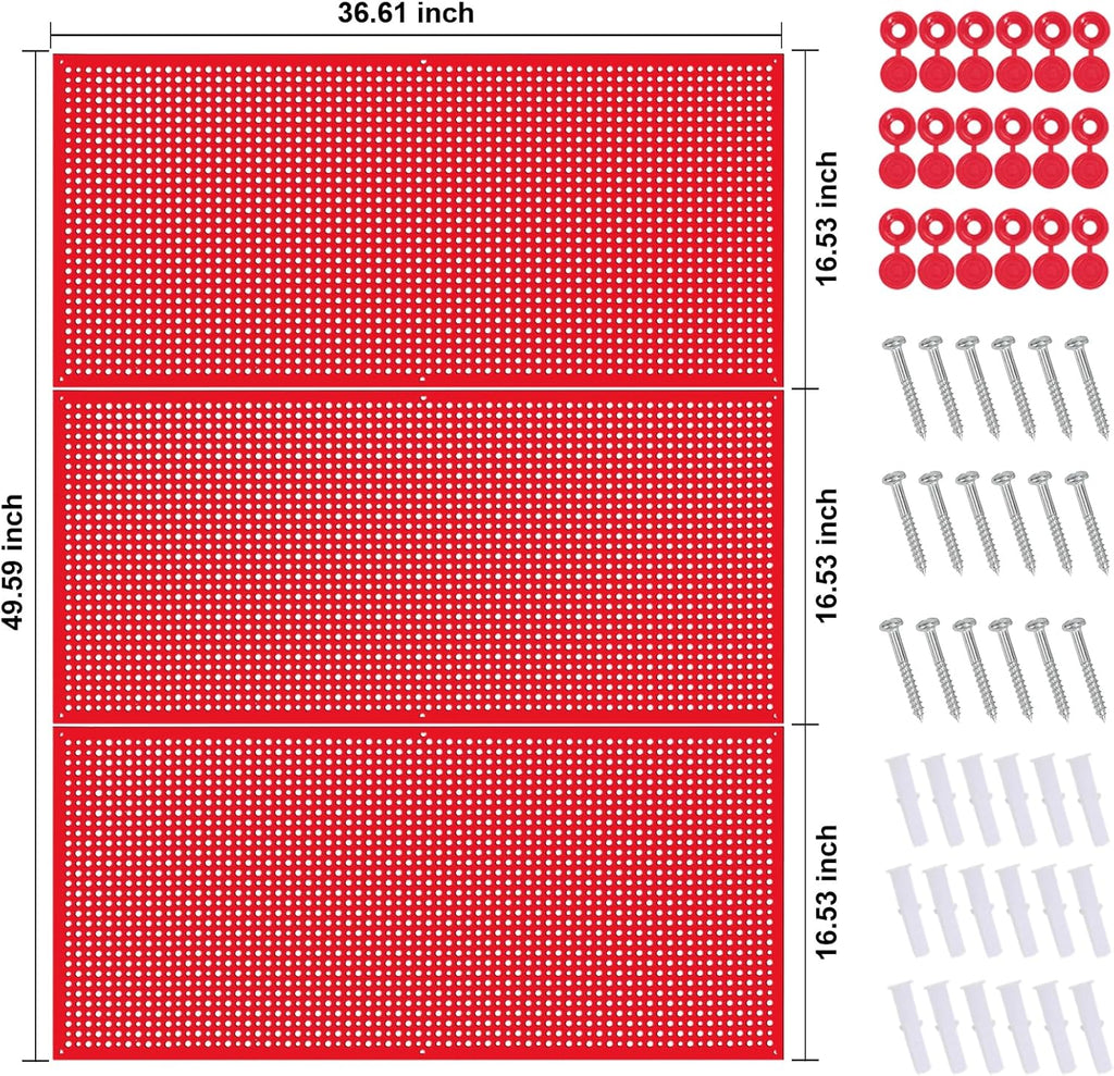 Pegboard Rack Garage Storage Steel Horizontal PegBoard Pack,Steel Pegboard Heavy Duty- 3 Pack 16-Inch X 36-Inch Metal Peg Board Tool Organization Panels (Red)