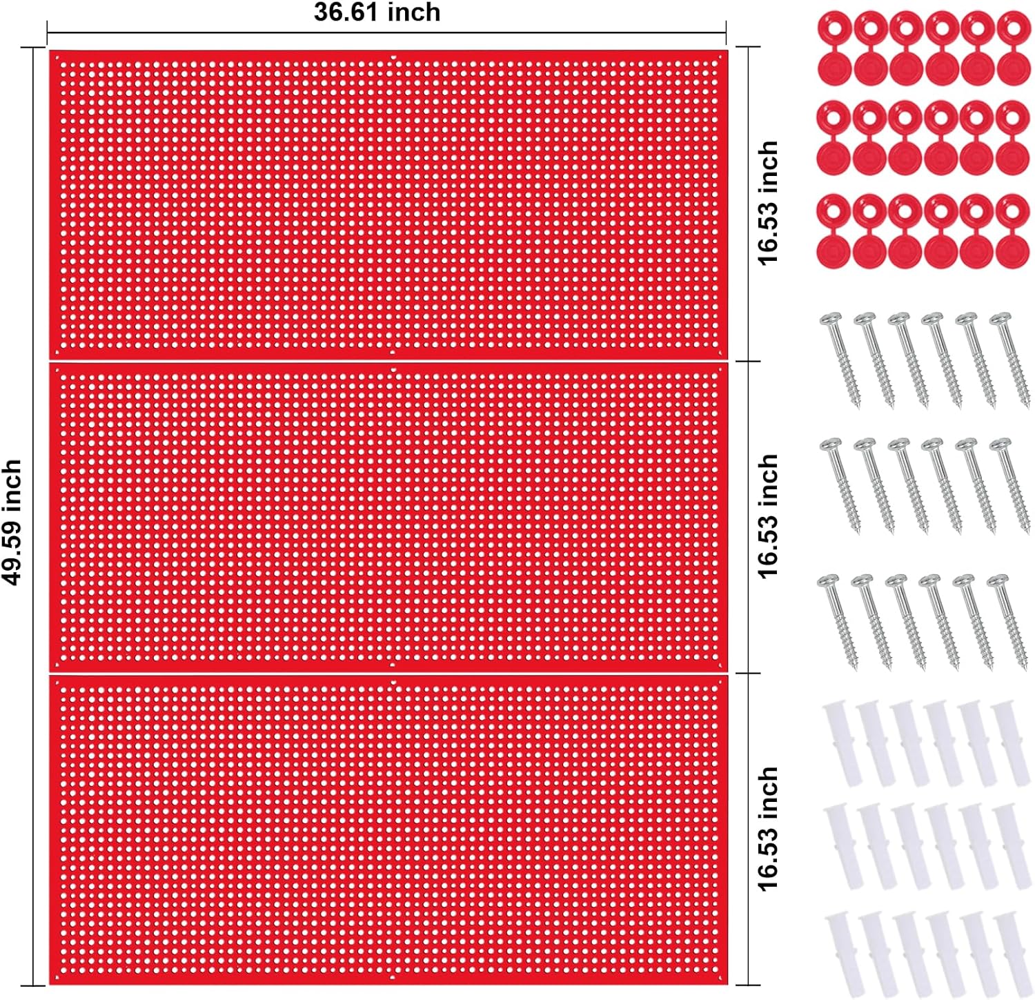 Pegboard Rack Garage Storage Steel Horizontal PegBoard Pack,Steel Pegboard Heavy Duty- 3 Pack 16-Inch X 36-Inch Metal Peg Board Tool Organization Panels (Red)