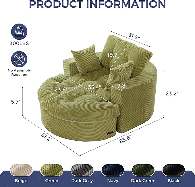 MAXYOYO Modular Sectional Chaise Lounge Sofa, Round Upholstered Lounge Chair with Ottoman, Comfy Couch with Layered Cushion, Tufted Sleeper Chair for Living Room, No Assembly, Green