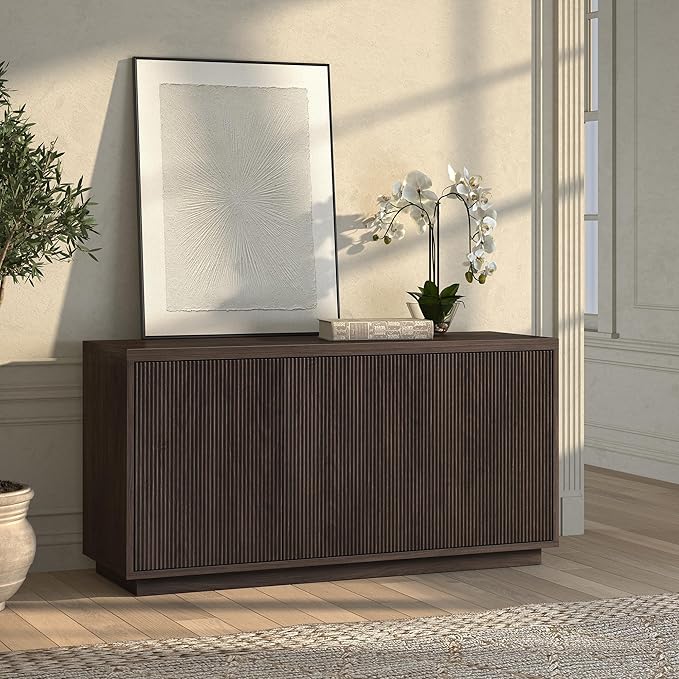 Henn&Hart Fluted TV Stand for TVs up to 55" with 3 Swing Out Ribbed Doors and Adjustable Shelves for Living Room, Family Room, or Office, Warm Brown