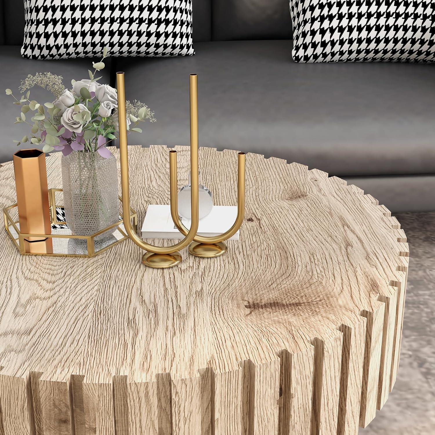 Round Wood Coffee Table for Living Room Modern Rustic Fluted Solid Wood Coffee Table Pedestal Center Table Circle Tea Tables for Apartment Easy Assembly(31.5''Oak Natural)