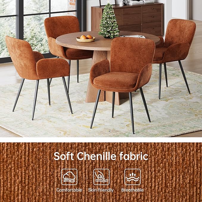 VKNOW Modern Dining Chairs Set of 2, Upholstered Dining Room Chair with Armrest, Kitchen Chairs with Curved Ergonomics Backrest for Living Room, Dining Room, Kitchen, Orange