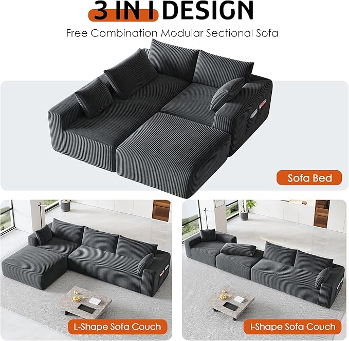 108" Cloud Couch Modular Sectional Sofa for Living Room,L Shaped Boneless Couch with Deep Seat Chaise,No Assembly Required Foam Sleeper Sofa for Apartments,Plush Corduroy Fabric, Dark Gray