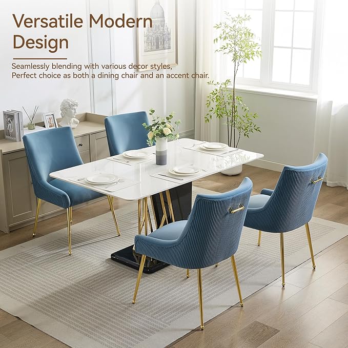 Velvet Dining Chairs Set of 2 Gold Legs,Upholstered Velvet Accent Chairs, Pleated Back Design & Gold Pull Handle, Mid Century Modern Chairs for Dining/Kitchen/Living Room,Light Blue