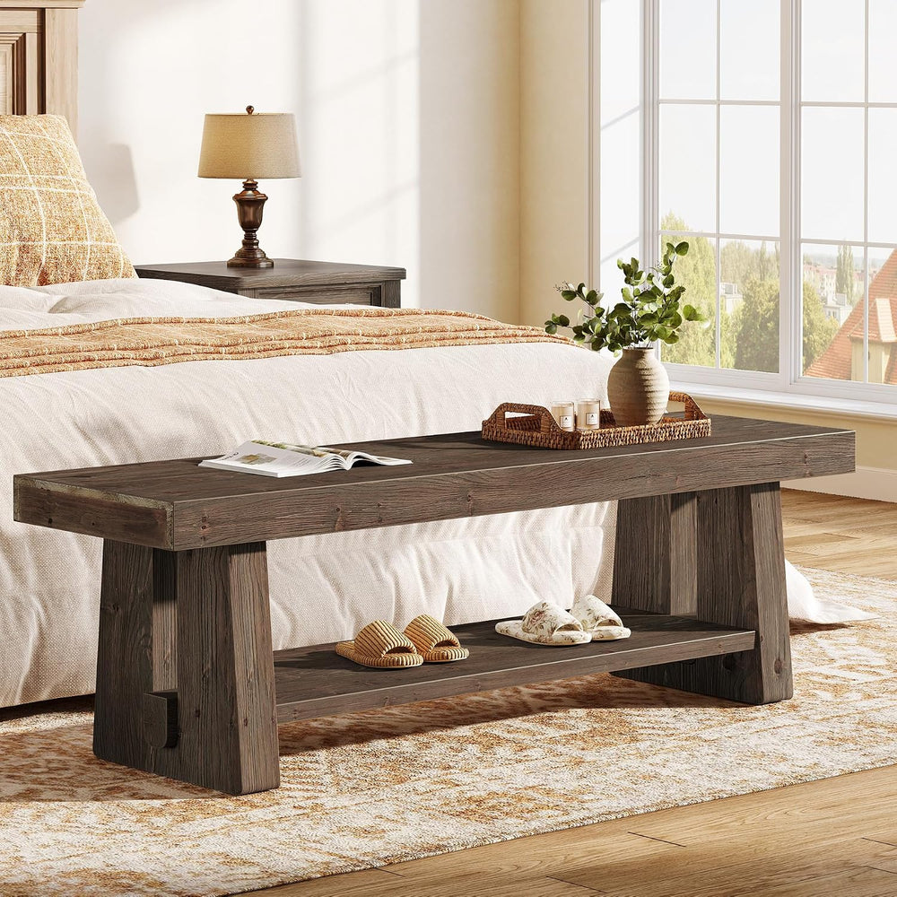 63'' Solid Wood Entryway Bench with Open Shelves, 2-Tier End of Bed B...