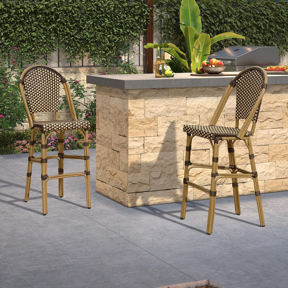 PURPLE LEAF Bar Stools French Rattan 30" Set of 4 High-Back, Brown