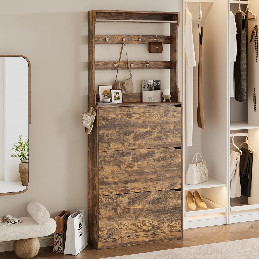 Wodeer Tall Shoe Cabinet with Coat Rack, Hidden Shoe Storage Cabinet with Doo...