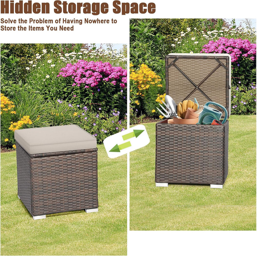 RELAX4LIFE Wicker Outdoor Storage Ottoman, 2-Piece Rattan Footstool w/Removab...