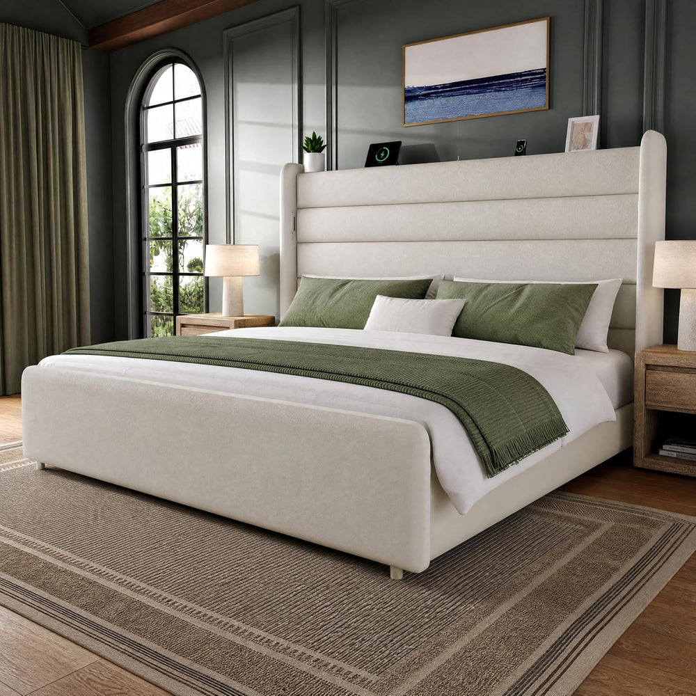 Queen Size Bed Frame with 59'' Tall Headboard with Readlight, White