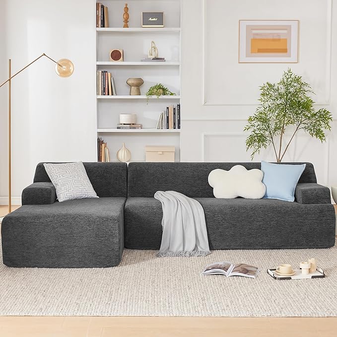 107" Modular Sectional Cloud Couch, Boneless couches Sponge sectionals for Living Room, High Density Sponges Sofa, Modular L-Shape with Chaise, Darkgrey