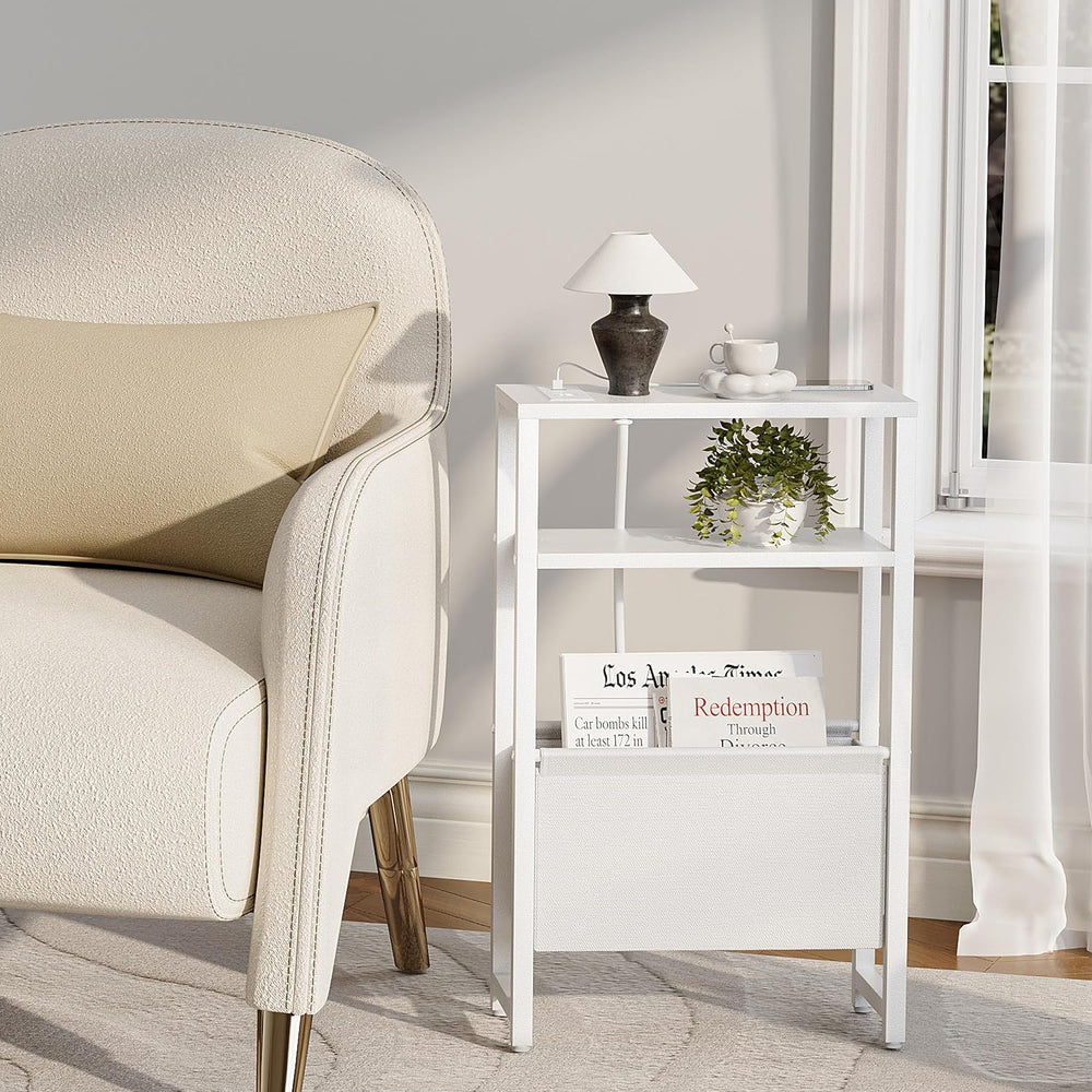 Narrow Side Table with Charging Station Slim End Table Sofa with Magazine Rac...