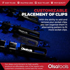 Olsa Tools Aluminum Socket Organizer, 3pc Set - Locking End Caps - 1/4-Inch Drive x 24 Clips, 3/8-Inch Drive x 18 Clips, 1/2-Inch Drive x 16 Clips - Professional Grade - Black - Part: 1181