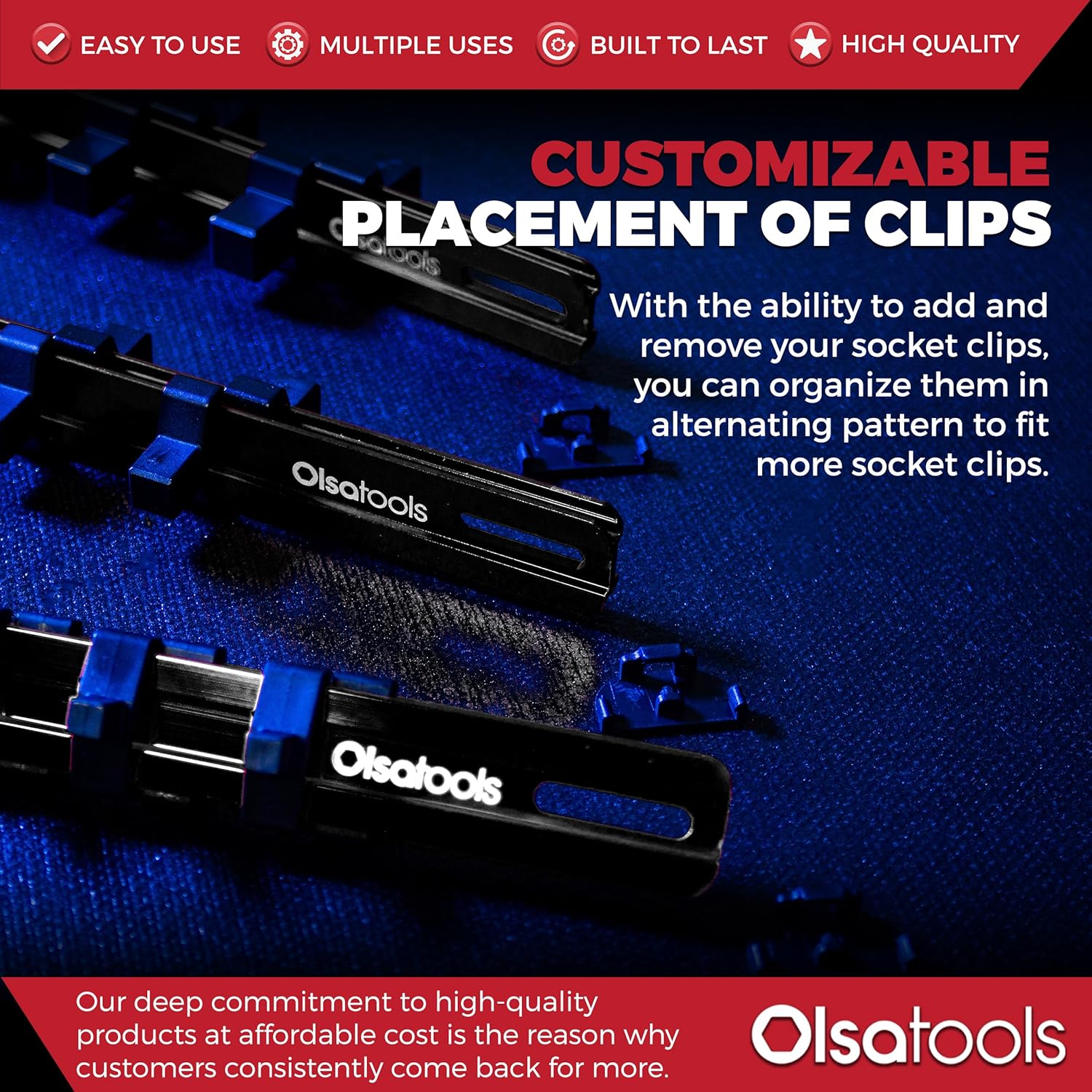 Olsa Tools Aluminum Socket Organizer, 3pc Set - Locking End Caps - 1/4-Inch Drive x 24 Clips, 3/8-Inch Drive x 18 Clips, 1/2-Inch Drive x 16 Clips - Professional Grade - Black - Part: 1181