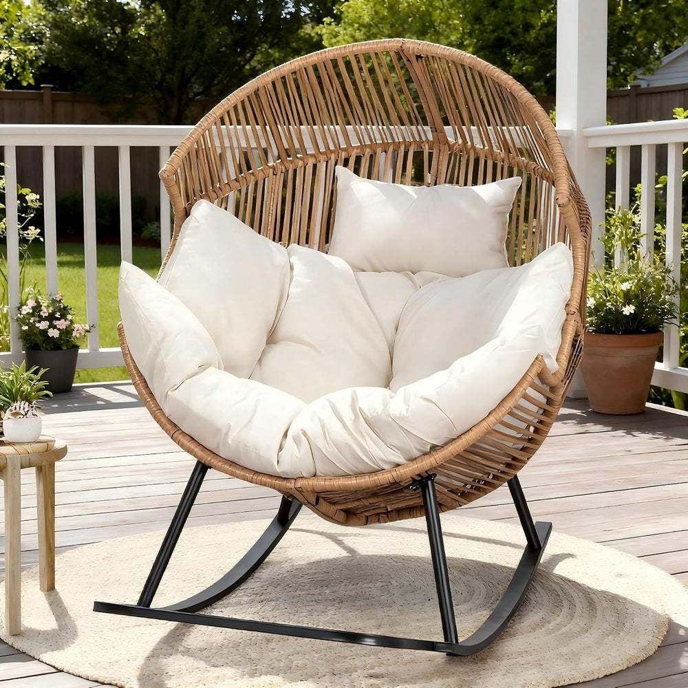 Oversized Outdoor Rocking Chair, Wicker Egg Patio Lounge Chair Basket Seat wi...