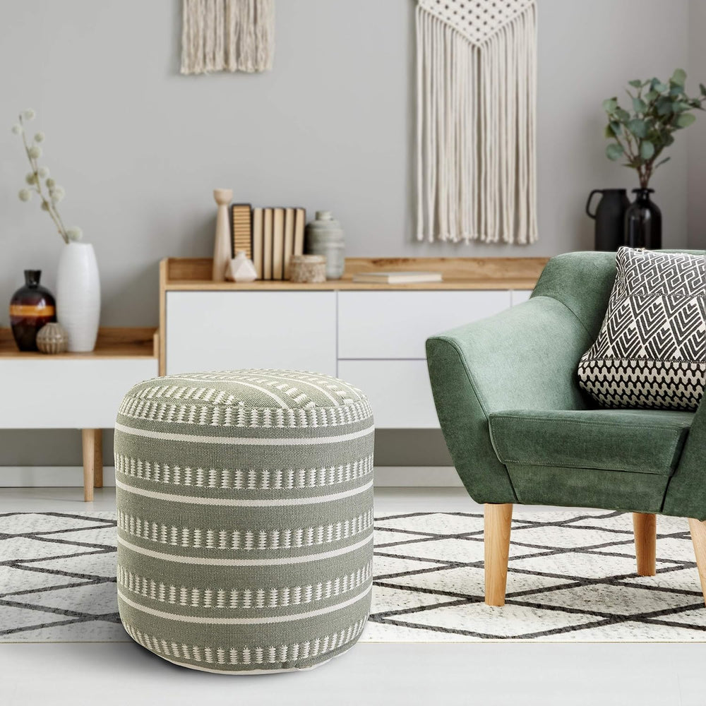 LR Home Dash and Stripe Geometric Indoor Outdoor Pouf, Green/White, 20" ...