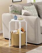 TUTOTAK Round End Table with Woven Storage Basket, White and Beige Small Side Table for Living Room, Bedroom, TB01BWN092