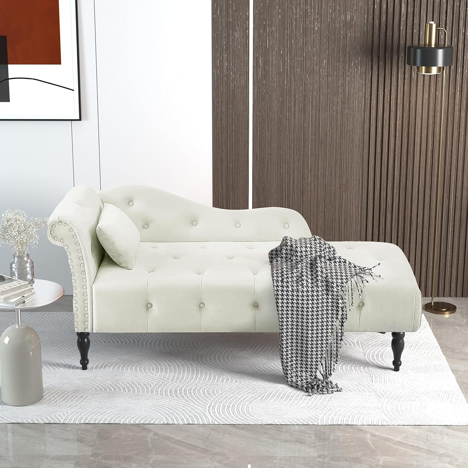 60" Chaise Lounge Indoor Velvet Button Tufted with Pillow, Nailhead Decorate Rolled Arm Chaise Lounge for Bedroom Living Room (White)