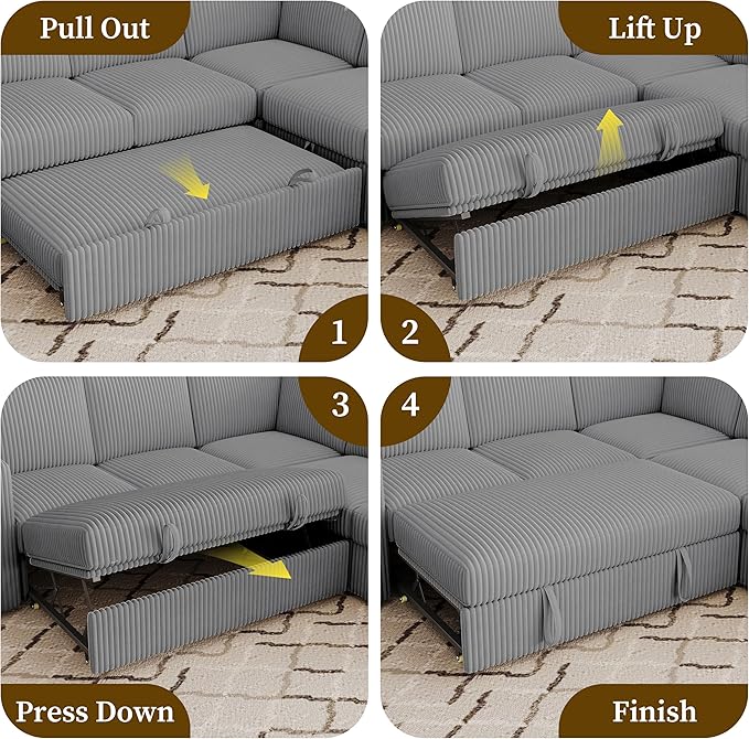 106.7" Sectional Sleeper Sofa with Pull Out Couch, Modern 7 Seat U Shaped Modular Couch, Sectionals Modular Sofa with Storage, Comfy Corduroy Couches Sectional for Living Room & Apartment, Gray