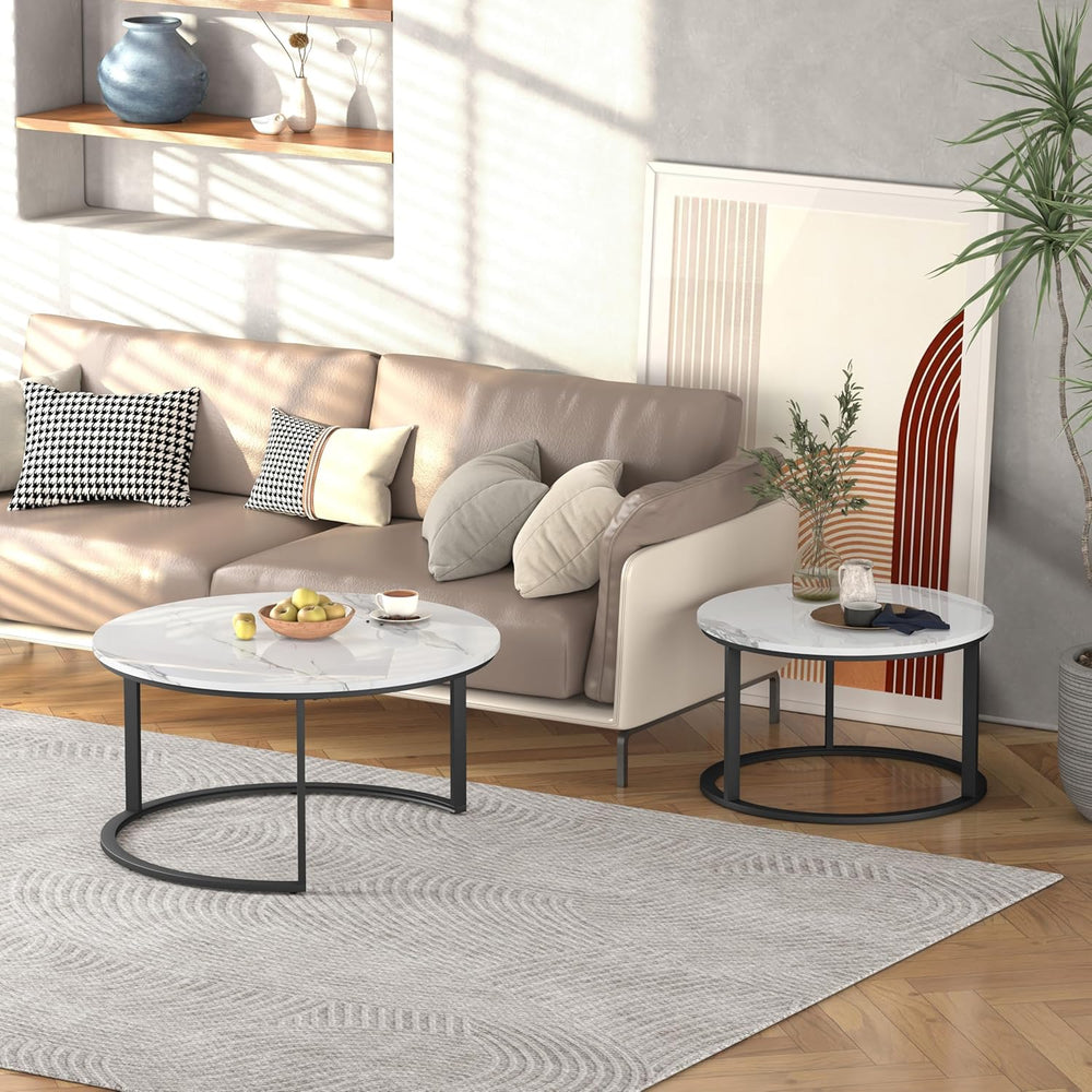 WiberWi Round Coffee Table Nesting Tables Set of 2, Large: Ø 34.0", Smal...