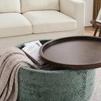 Zihanhome 30" Round Chenille Storage Ottoman Coffee Table with Removable Tray Top, Large Hidden Storage Ottoman, Solid Wood Legs for Living Room, Bedroom, Apartment (Moss Green)