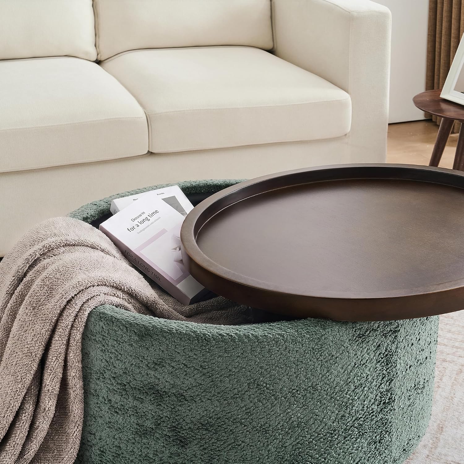 Zihanhome 30" Round Chenille Storage Ottoman Coffee Table with Removable Tray Top, Large Hidden Storage Ottoman, Solid Wood Legs for Living Room, Bedroom, Apartment (Moss Green)
