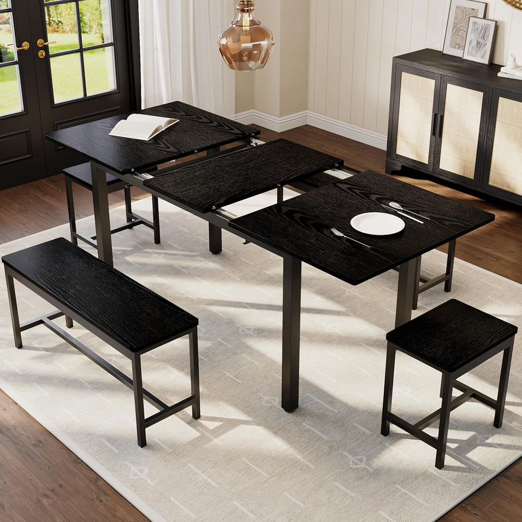 GarveeHome 5 PCs Dining Table Set for 6-8 People, 63 in Extendable Kitchen Table Set with 2 Benches and 2 Square Stools, Modern Dining Room Furniture Sets, Easy Assembly, Black
