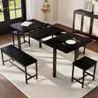 GarveeHome 5 PCs Dining Table Set for 6-8 People, 63 in Extendable Kitchen Table Set with 2 Benches and 2 Square Stools, Modern Dining Room Furniture Sets, Easy Assembly, Black