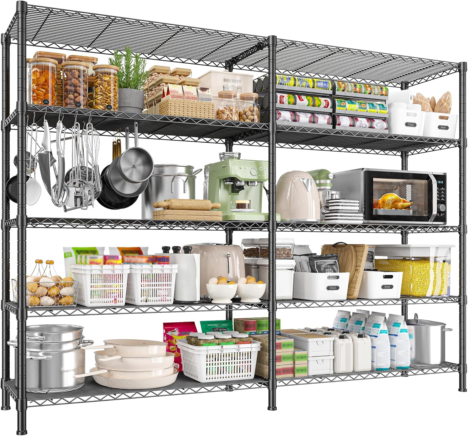 REIBII 1450LBS Metal Shelving Unit Storage Shelves 5 Tier Wire Shelving 58.1''W Pantry Shelves Wire Shelf Adjustable Garage Shelving Heavy Duty Storage Rack for Pantry Kitchen Garage, Black
