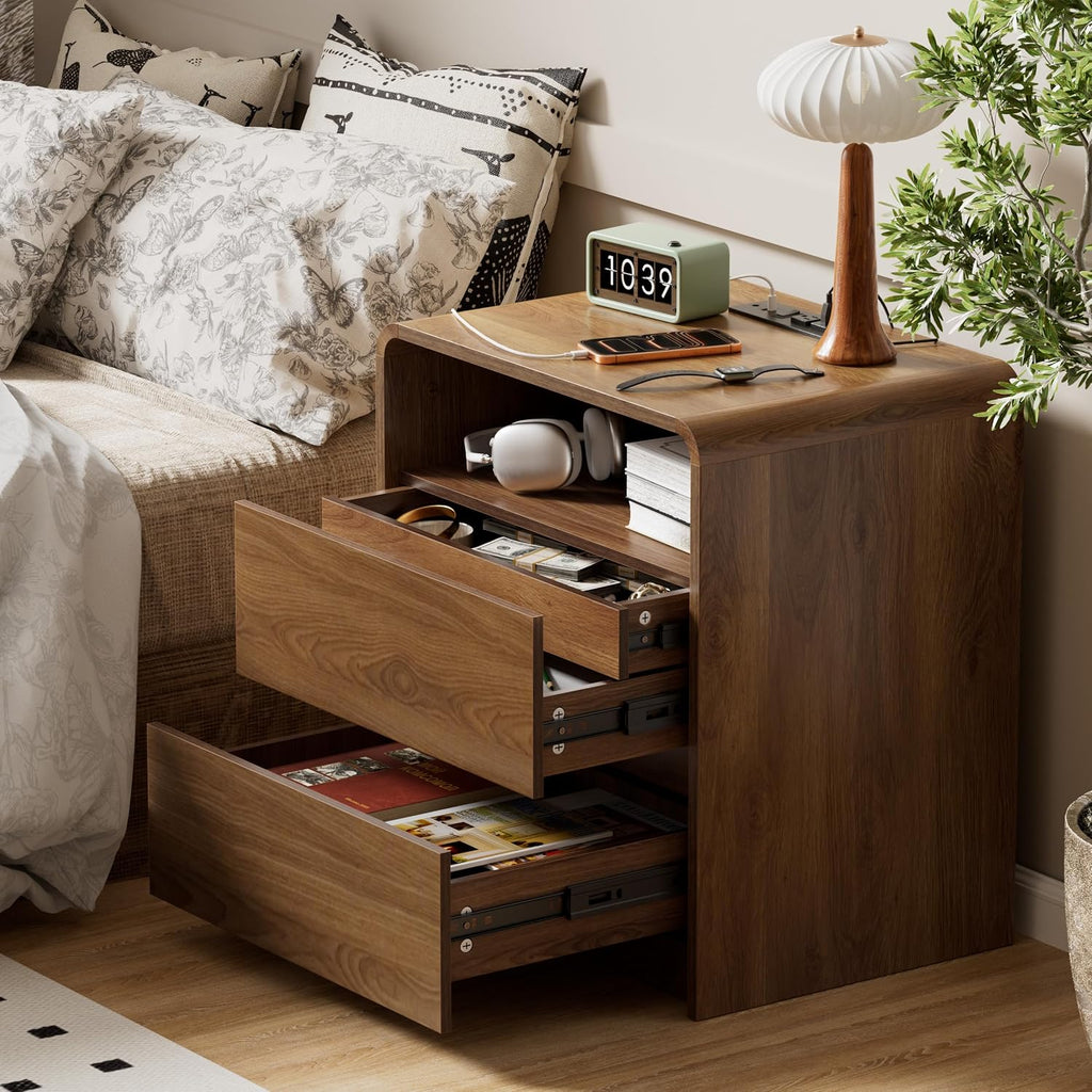 23.8" Modern Nightstand with Hidden Drawers Walnut Night Stand | Walnut Night Stand with Charger Station Soft-Close Drawers Nightstand Mid Century Bedside Table for Bedroom