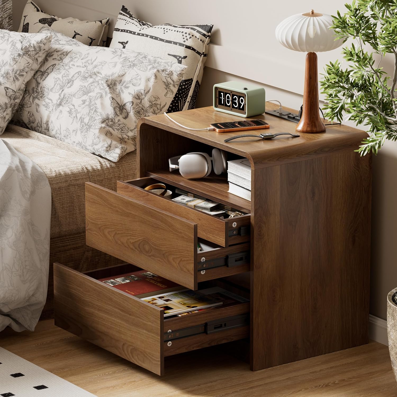 23.8" Modern Nightstand with Hidden Drawers Walnut Night Stand | Walnut Night Stand with Charger Station Soft-Close Drawers Nightstand Mid Century Bedside Table for Bedroom