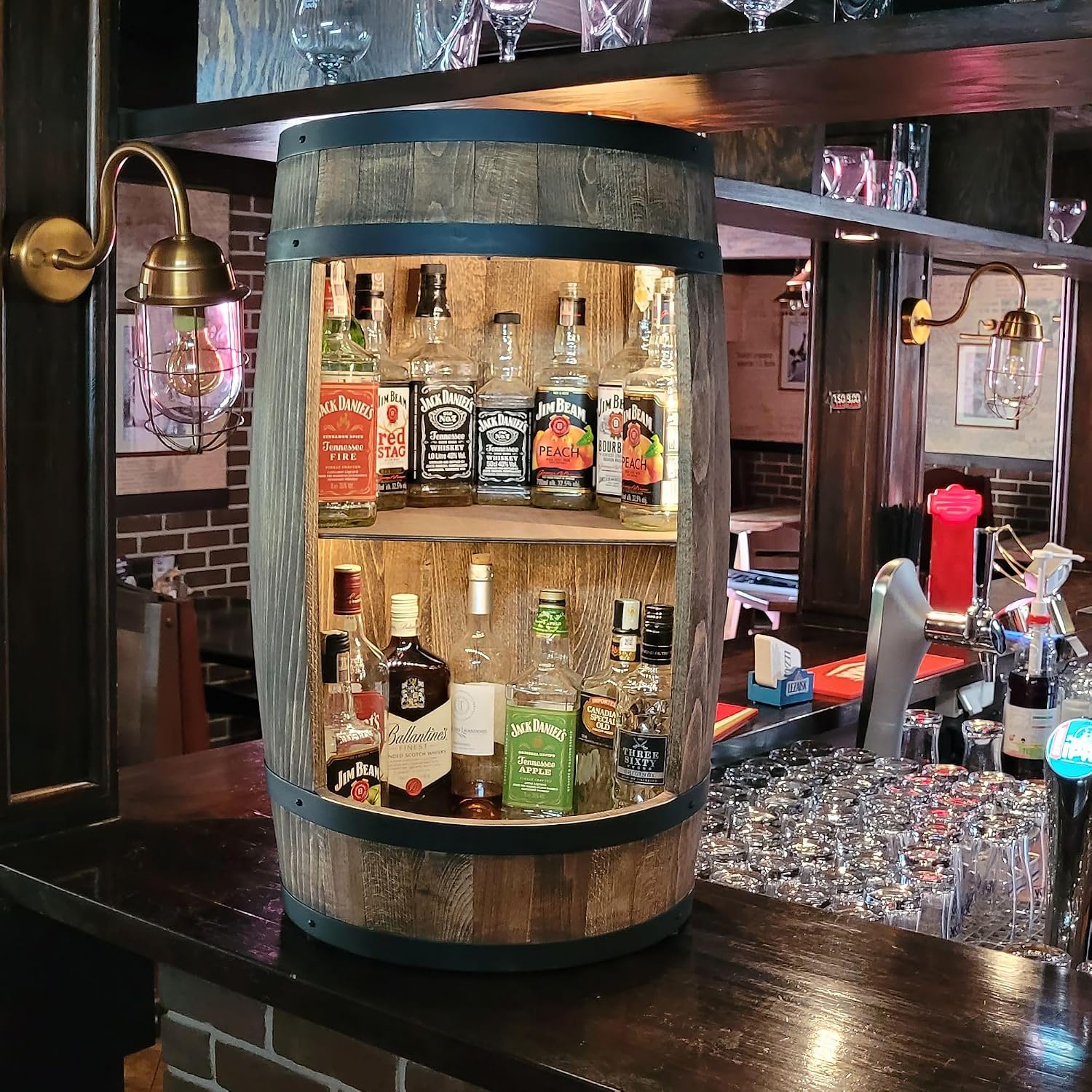 Fassbar L.E.D. with Wine Holder Wine Rack - Wooden Barrel Home Bar 80 cm Rustic Decorative Bar Cabinet Wine Stand - Barrel Beer Wine Bottle Stand - Bar Whisky Gift (Dark Brown)