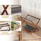 BAMBOOHOMIE Bamboo Luggage Rack for Guest Room, 26.77" Folding Wide Suitcase Stand with Fabric Storage Shelf, Thickened Luggage Stand Holder for Bedroom Hotel, Luggage Rack for Suitcases (1 Pack - Brown)