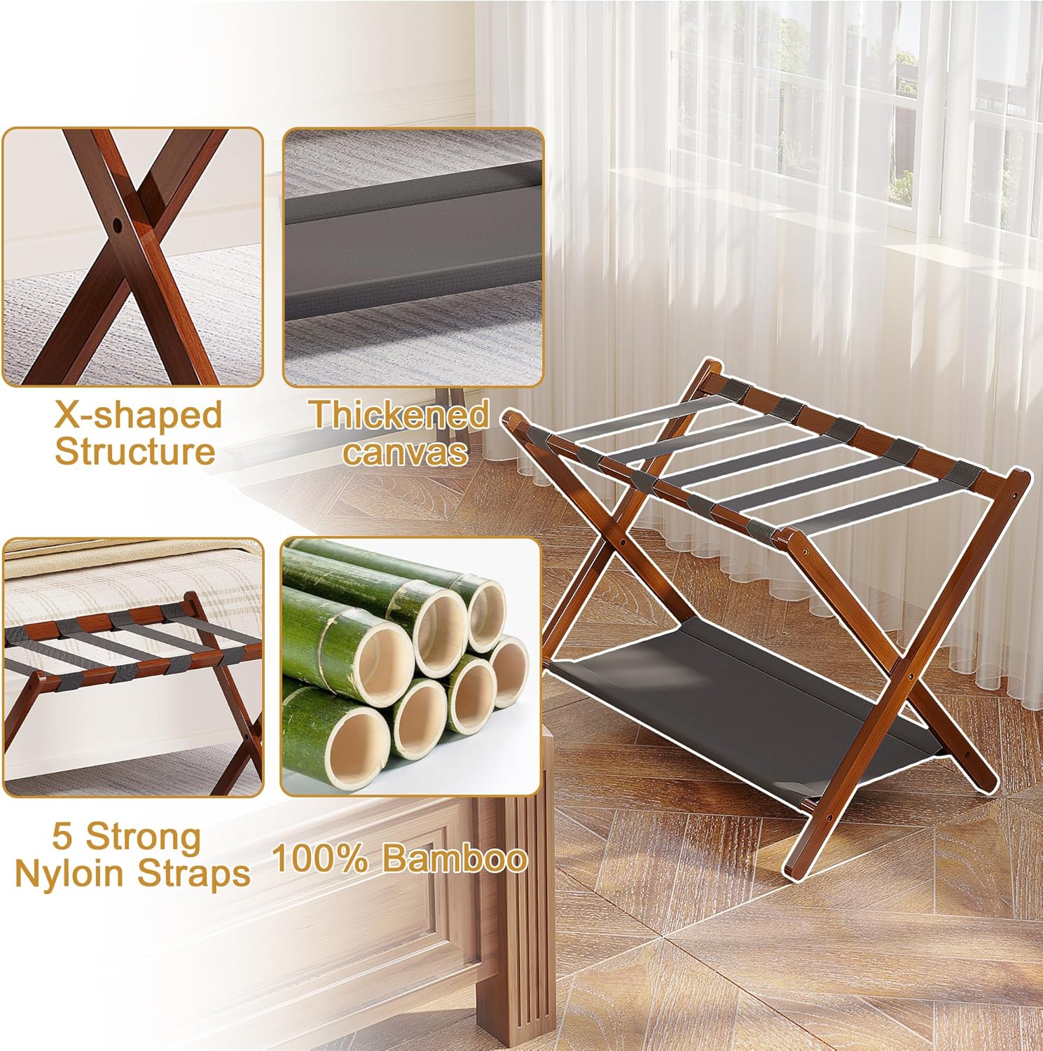 BAMBOOHOMIE Bamboo Luggage Rack for Guest Room, 26.77" Folding Wide Suitcase Stand with Fabric Storage Shelf, Thickened Luggage Stand Holder for Bedroom Hotel, Luggage Rack for Suitcases (1 Pack - Brown)