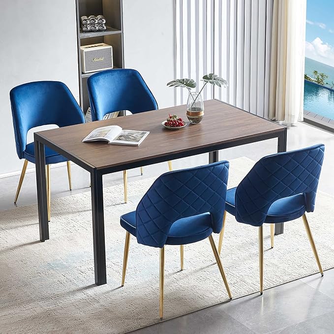 NORDICANA Modern Dining Chair Set of 4, Navy Blue Velvet Fabric Upholstered Accent Chairs with Golden Metal Legs, Round Back Side Chairs for Kitchen Living Room Bedroom