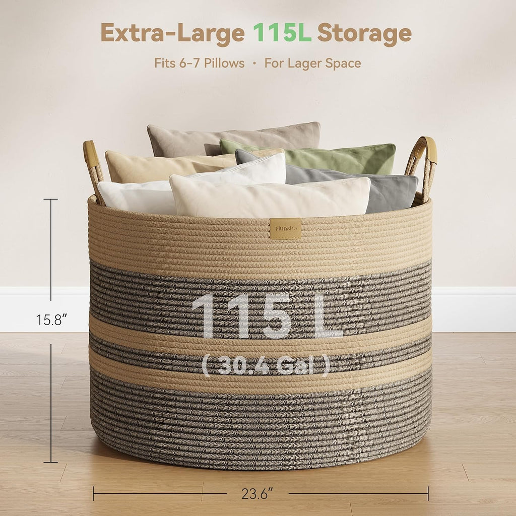 Nunsino 115L Woven Blanket Basket with Leather Handles, Cotton Rope Laundry Basket Hamper,Decorative Nursery Basket Toy Storage Basket for Kids, Living Room, Bedroom, Dark Brown Stripes