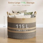 Nunsino 115L Woven Blanket Basket with Leather Handles, Cotton Rope Laundry Basket Hamper,Decorative Nursery Basket Toy Storage Basket for Kids, Living Room, Bedroom, Dark Brown Stripes