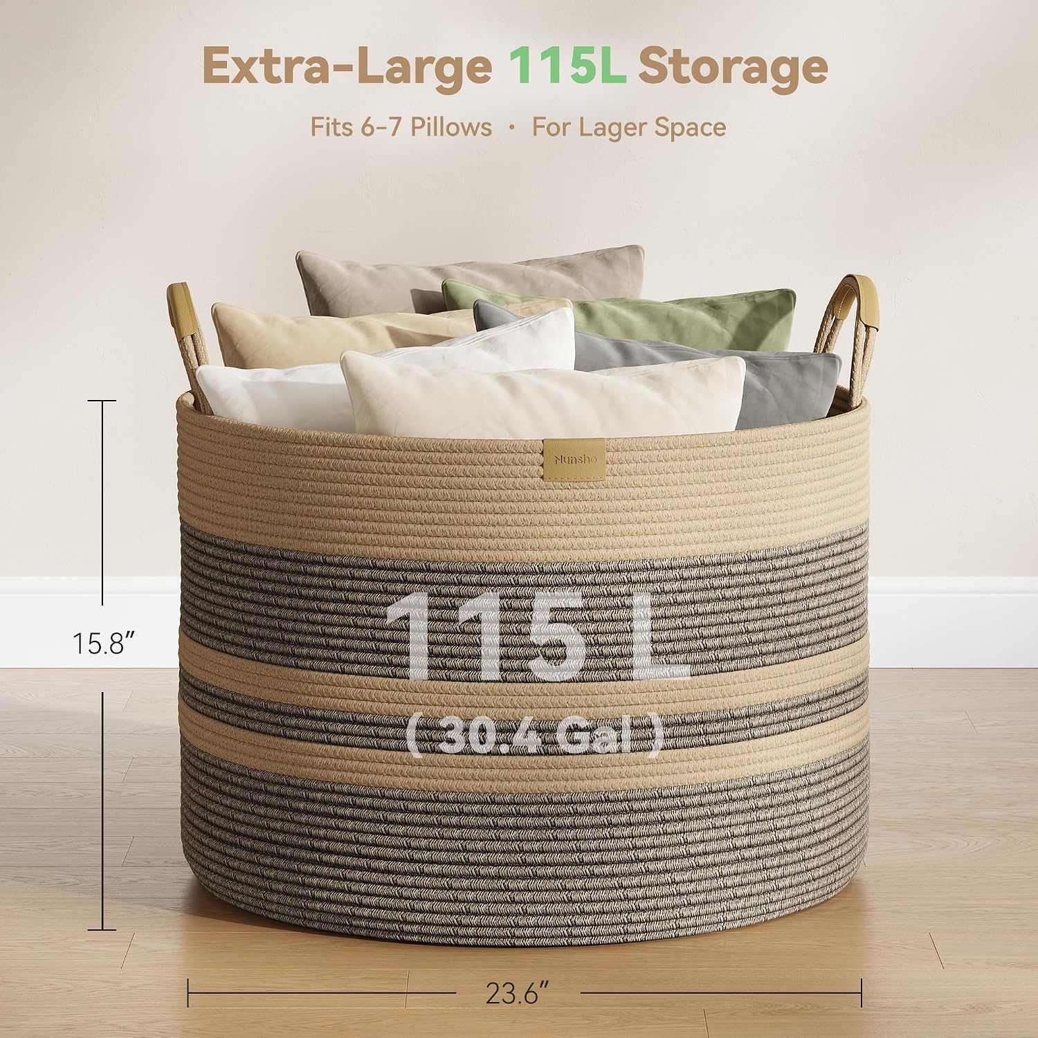 Nunsino 115L Woven Blanket Basket with Leather Handles, Cotton Rope Laundry Basket Hamper,Decorative Nursery Basket Toy Storage Basket for Kids, Living Room, Bedroom, Dark Brown Stripes
