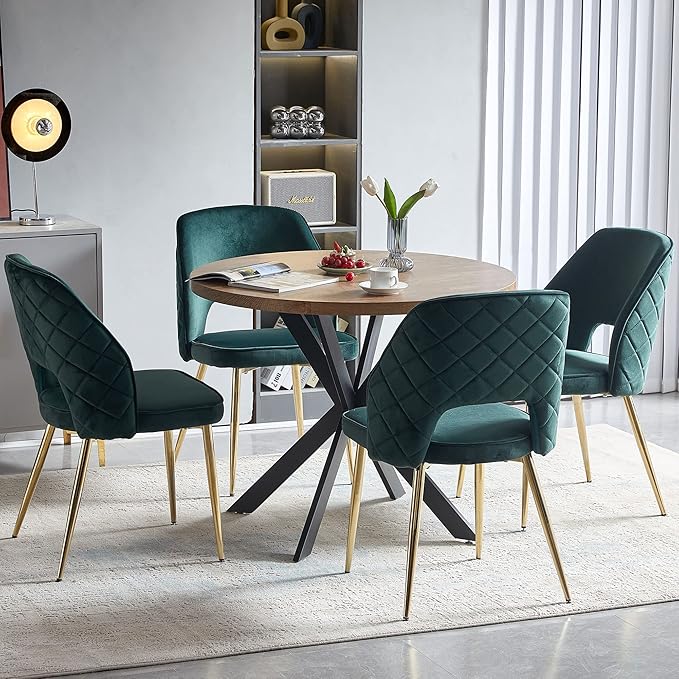 NORDICANA Modern Dining Chair Set of 4, Forest Green Velvet Fabric Upholstered Accent Chairs with Golden Metal Legs, Round Back Side Chairs for Kitchen Living Room Bedroom