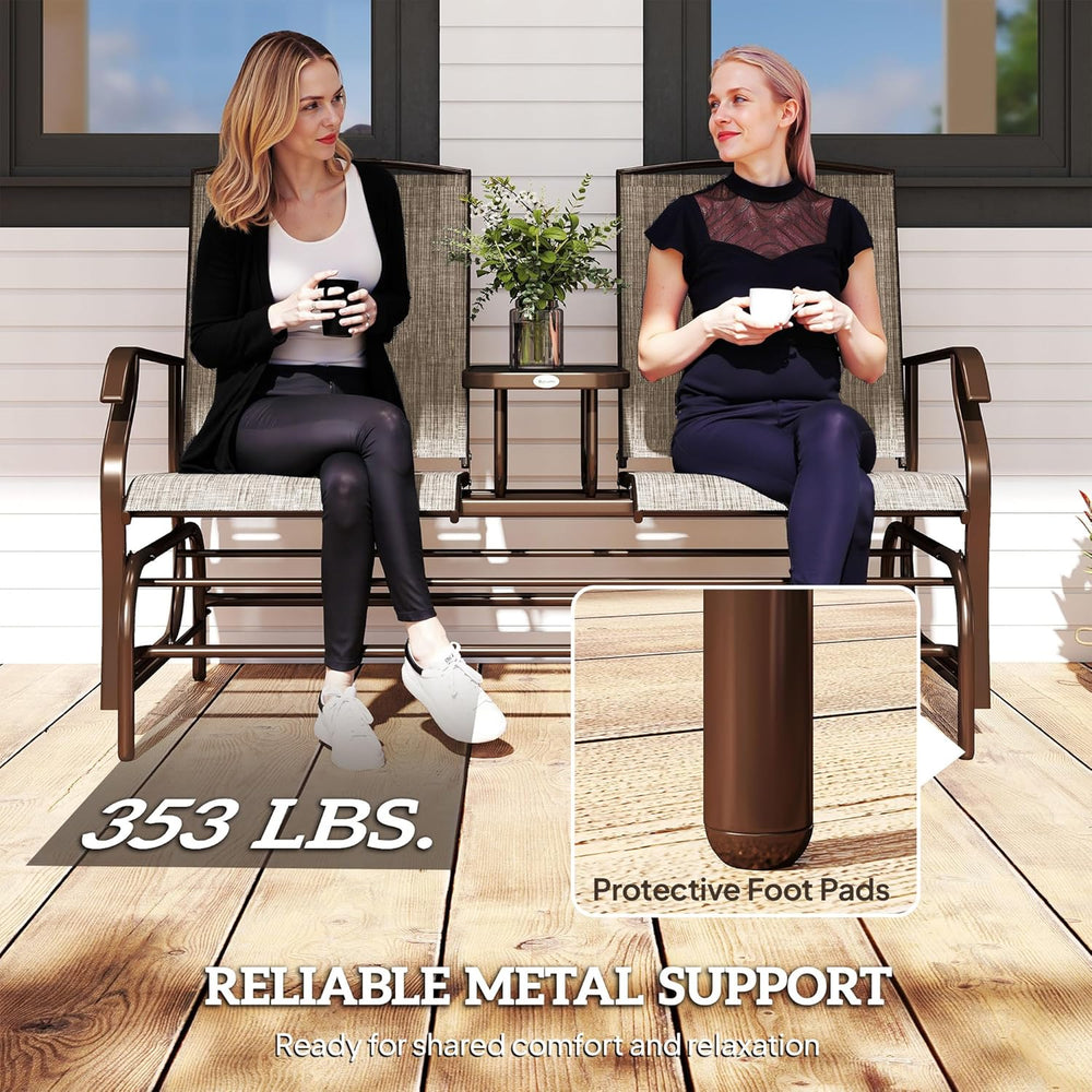 Outsunny Outdoor Glider Bench with Center Table Metal Frame Armrests Brown | ...