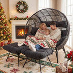 RADIATA Double Egg Chair with Ottoman, 2 Person Outdoor Wicker Loveseat | Outdoor foot rest for Patio, 57.1" Extra Wide Indoor Lounge Chairs, 6.5" Grey Cushion, 2 Seater Person Wicker Seating