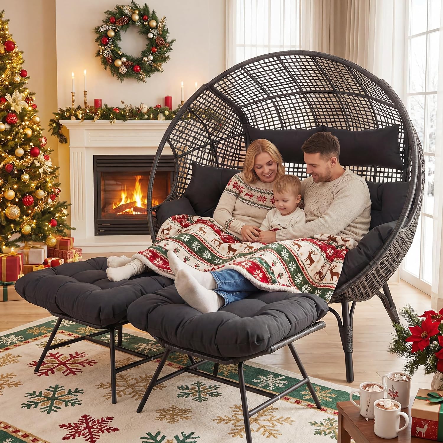 RADIATA Double Egg Chair with Ottoman, 2 Person Outdoor Wicker Loveseat | Outdoor foot rest for Patio, 57.1" Extra Wide Indoor Lounge Chairs, 6.5" Grey Cushion, 2 Seater Person Wicker Seating