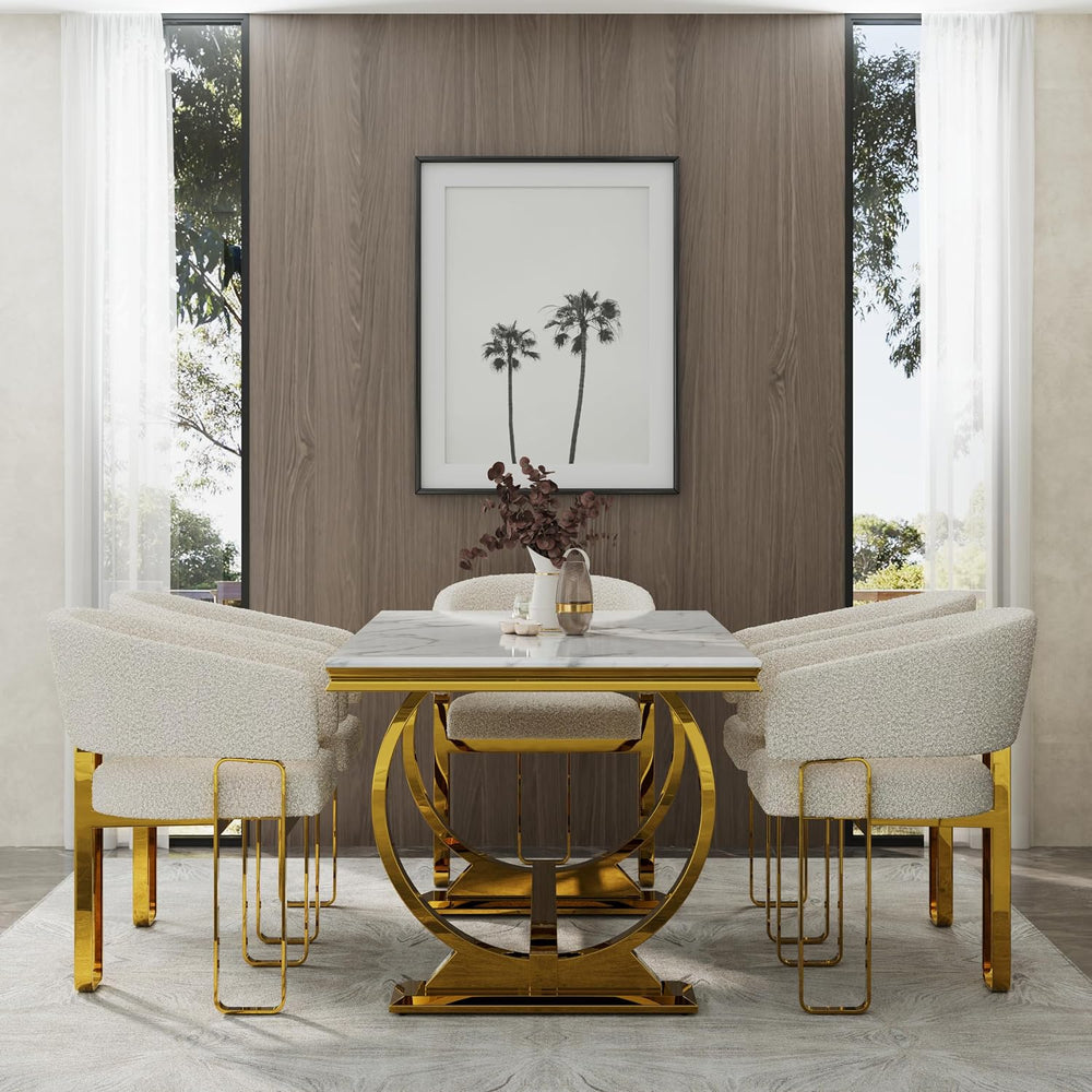 7 Piece Dining Table Set for 6, Luxurious 70" White and Gold Dining Room...