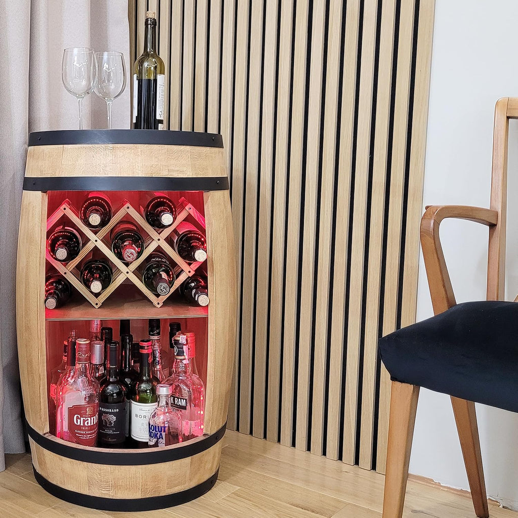 Wooden Barrel with Wine Holder - Wine Rack. 80 cm. Rustic Decorative Bar Cabinet Wine Stand - Home Bar R.G.B. Draft Beer, Whisky Bar Bottle Stand. Home Bar Gift for Man (Light Brown)
