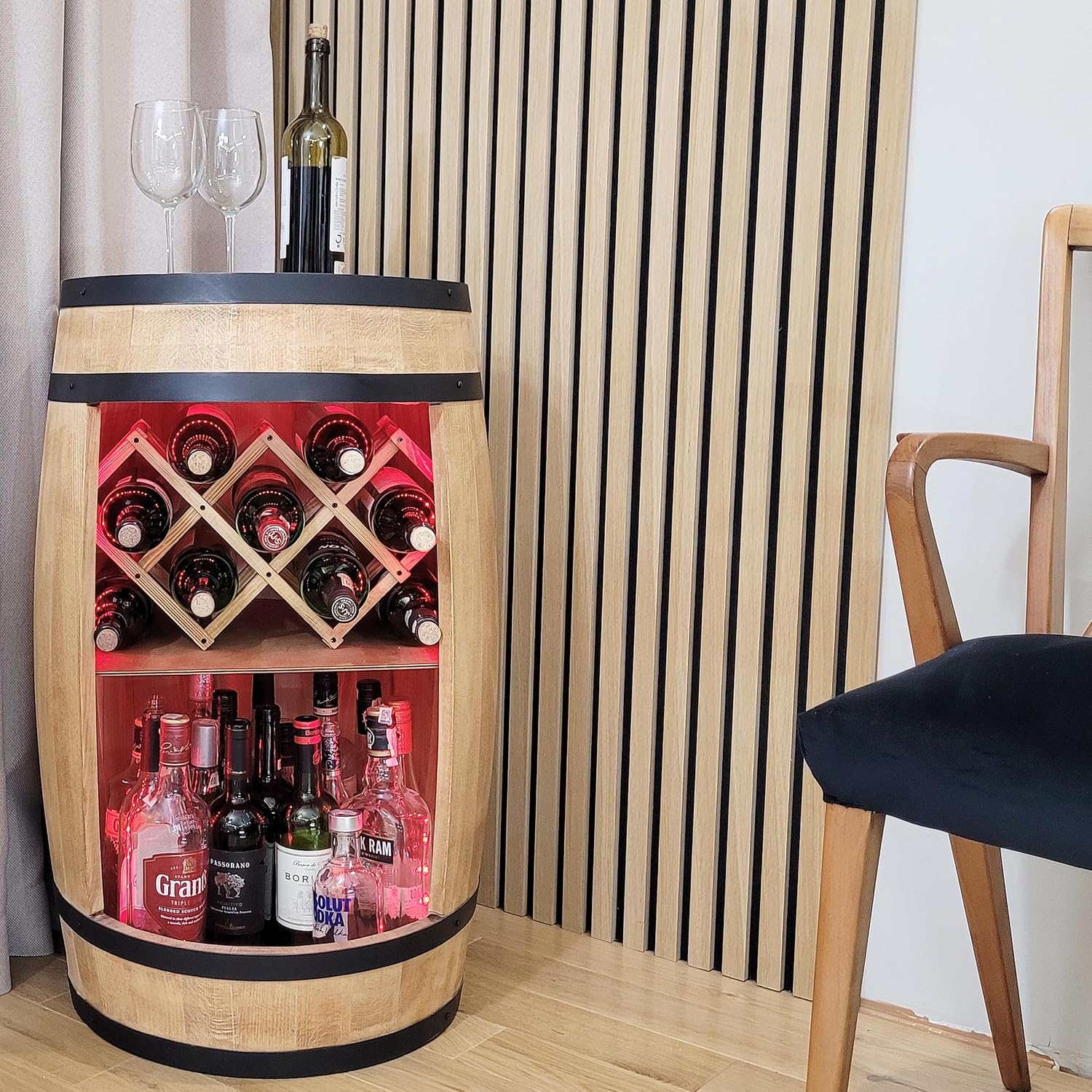 Wooden Barrel with Wine Holder - Wine Rack. 80 cm. Rustic Decorative Bar Cabinet Wine Stand - Home Bar R.G.B. Draft Beer, Whisky Bar Bottle Stand. Home Bar Gift for Man (Light Brown)