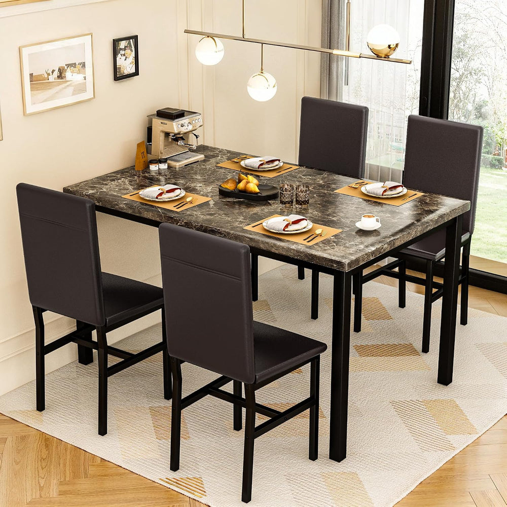 Lamerge Dining Table Set for 4, Faux Marble Table and 4 PU Leather Chairs, Ki...