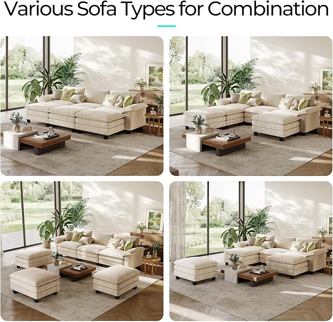 LINSY HOME Modular Sectional Sofa - 123 Inch Oversized Corduroy Cloud Couch with Movable Ottoman Soft Modern Comfy Sofa Set for Living Room Apartment Office, Beige