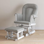 Child Craft Cozy Glider Rocker and Ottoman Set, Smooth Quiet Gliding Motion, Padded Cushion with Convenient Storage Pockets, Solid Wood Base & Frame (Matte White with Gray Cushion)