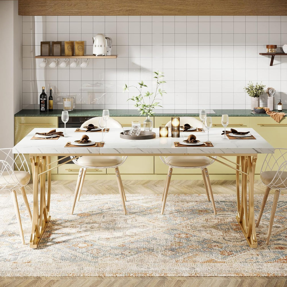 Tribesigns 63" Dining Table for 4 to 6, White and Gold Kitchen Table | M...