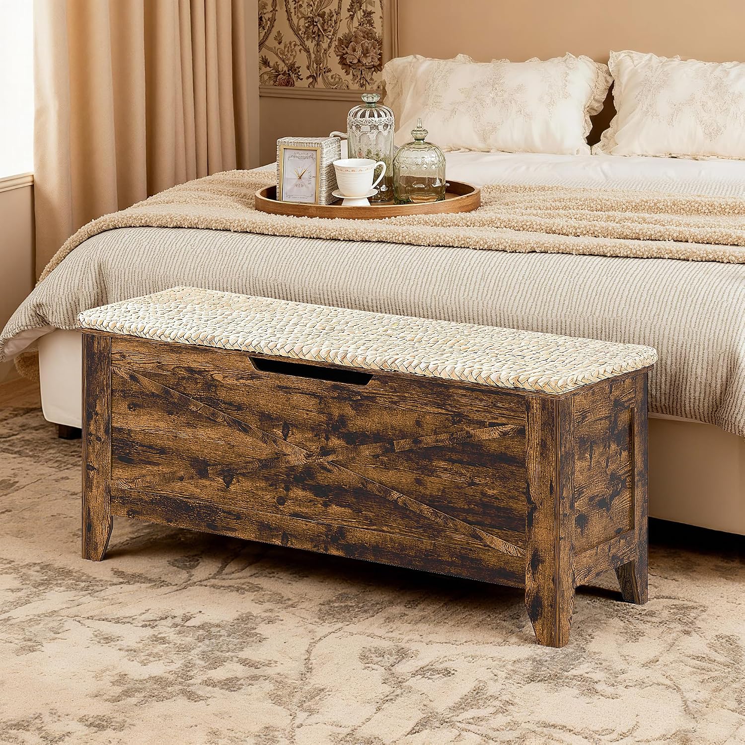 VECELO 43.3" Storage Bench, Entryway Shoe Ottoman, Farmhouse Style Bench with Handwoven Cushion and Metal Safety Hinges, for Bedroom, Living Room, Entryway, Brown